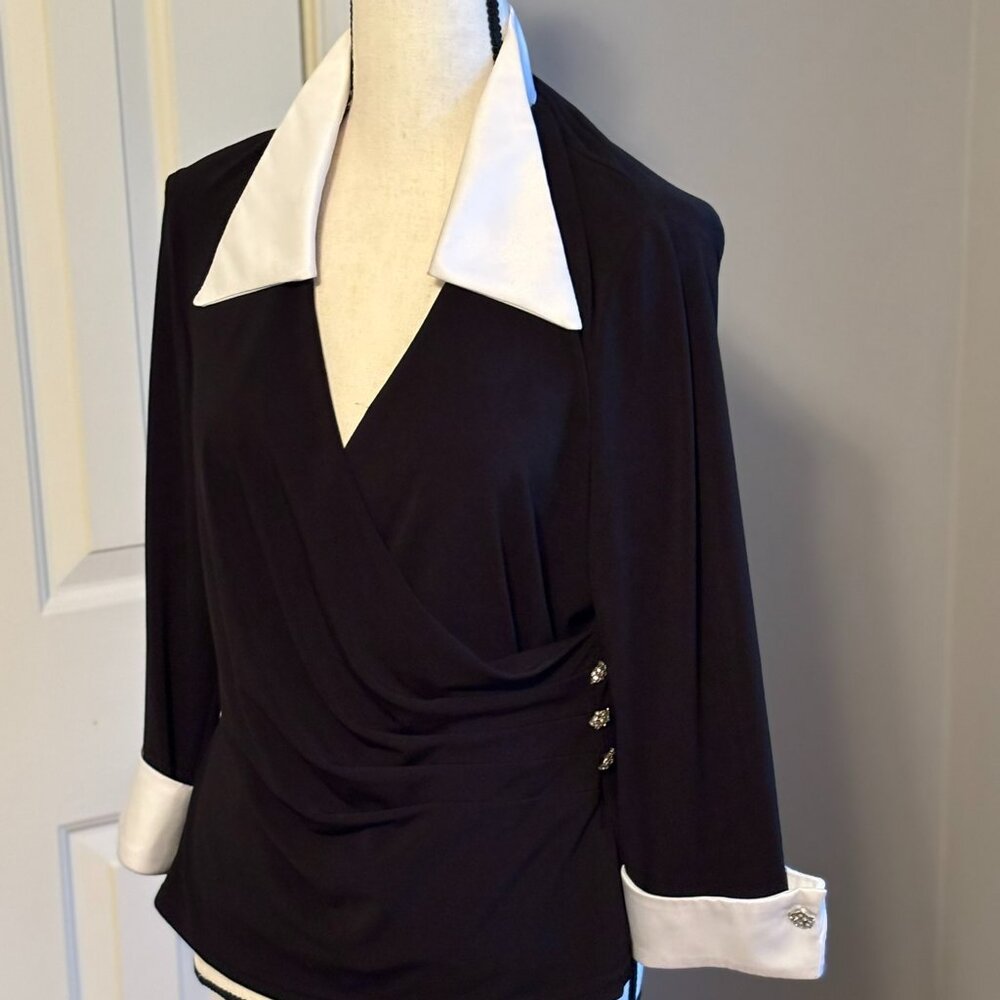 Onyx Nite Vintage Wrap Top with Satin Cuffs and Rhinestone Trim, Large, NWOT
